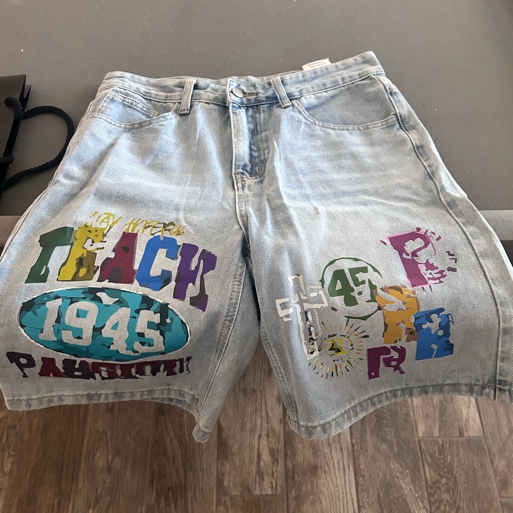 Graphic Denim Shorts with Colorful Print